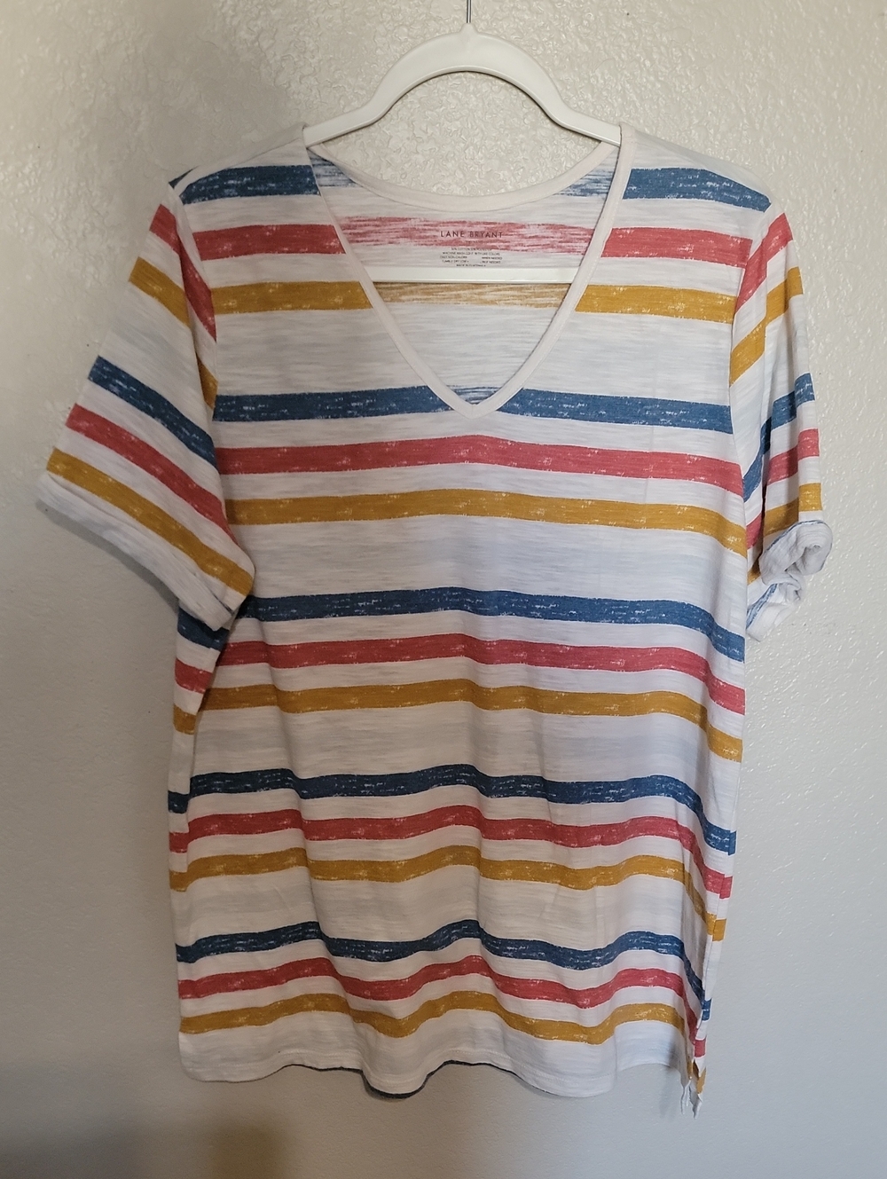 Striped V-Neck Tee in White with Blue, Red & Mustard Stripes